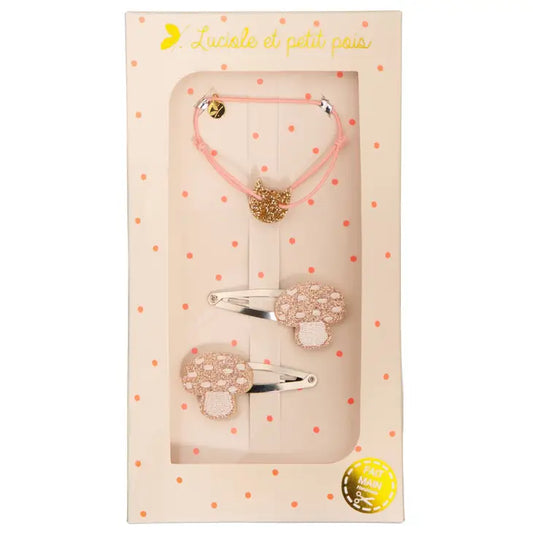 Pink Cat Bracelet & Mushroom Clip Set