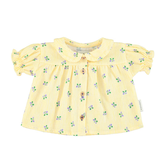 peter pan collar shirt w/ balloon sleeves | yellow stripes w/ little flowers