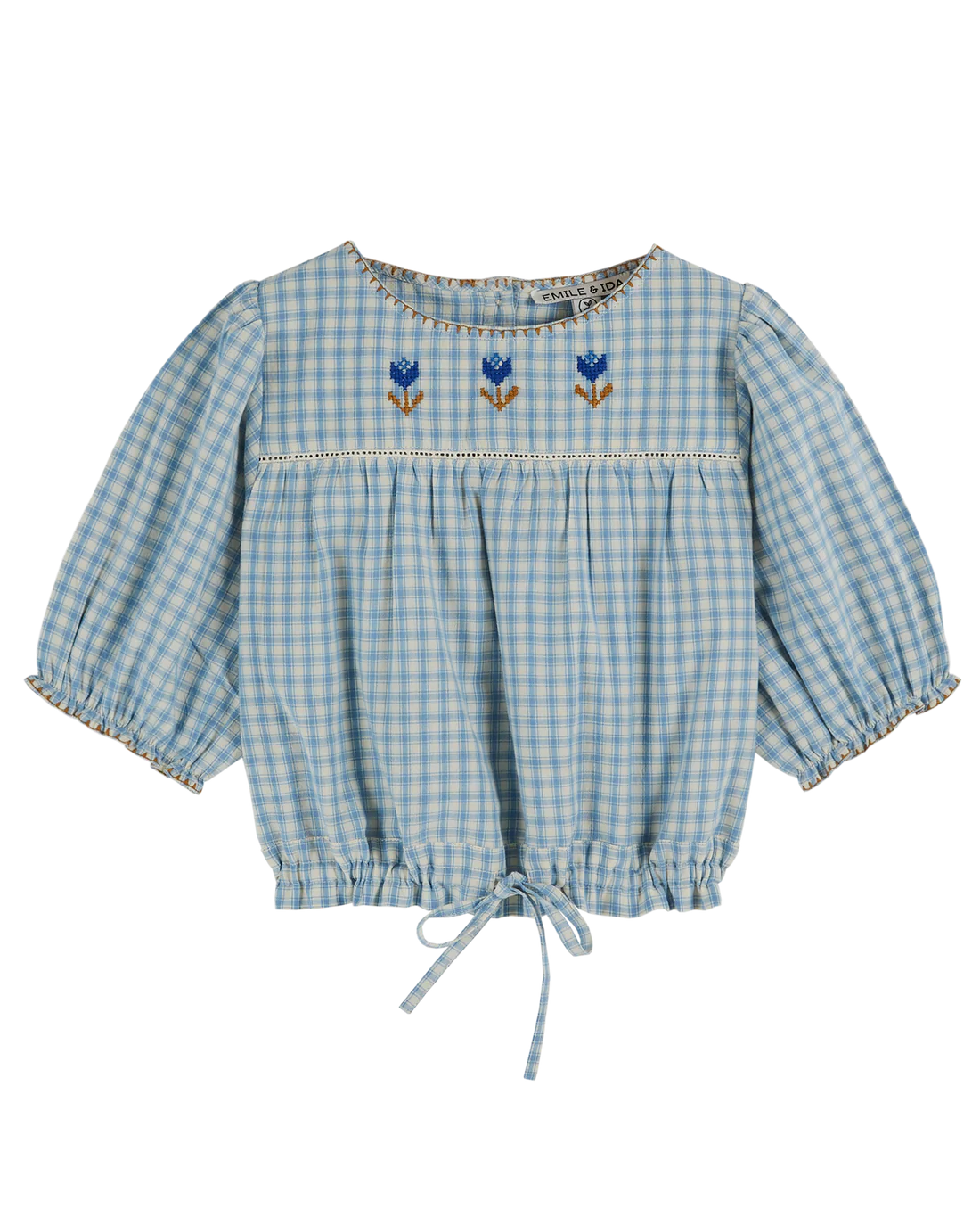 Blue check embroidered faience blouse